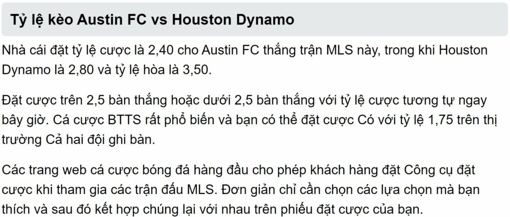 Tỷ lệ kèo Austin FC vs Houston Dynamo